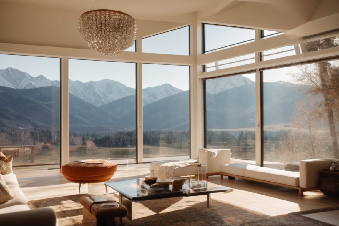 Denver home with large windows overlooking mountains, sun filtering through transparent window film