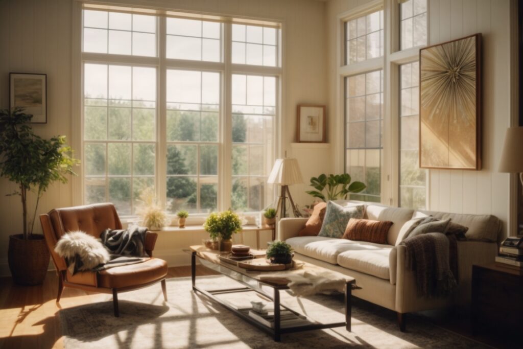 Denver home interior showing energy-efficient window films, sunlight filtered through windows, cozy living room setting