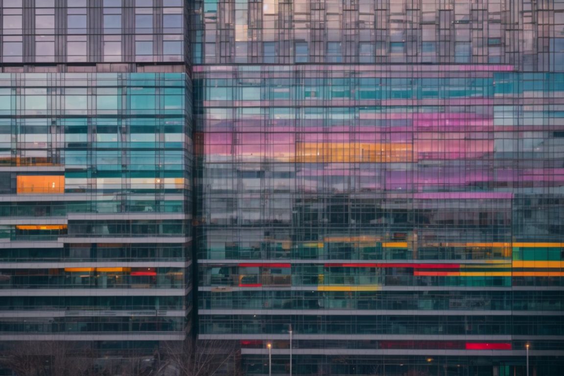 Colorful exterior building wrap on Apex Tower against harsh Denver weather