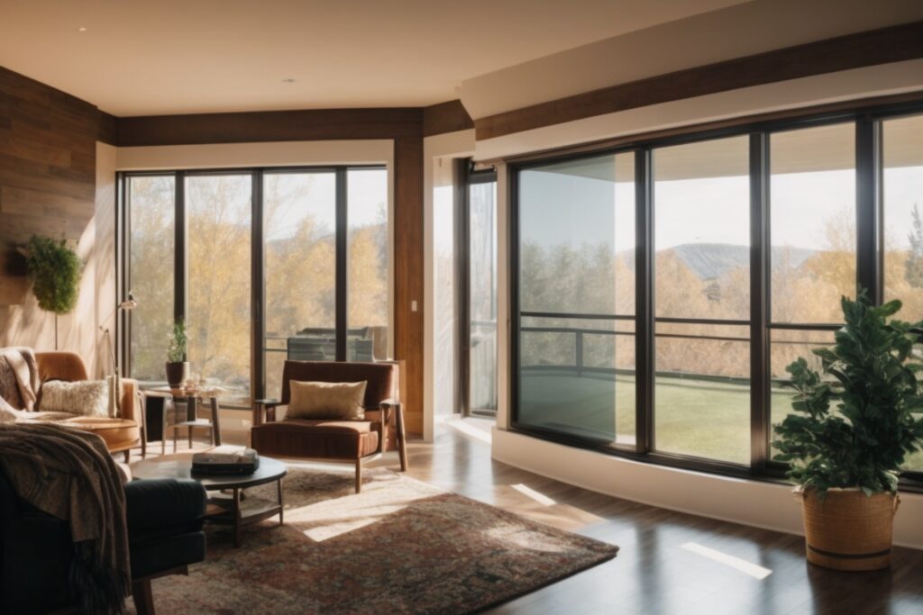 Denver home interior with energy-saving window film on windows reflecting sunlight