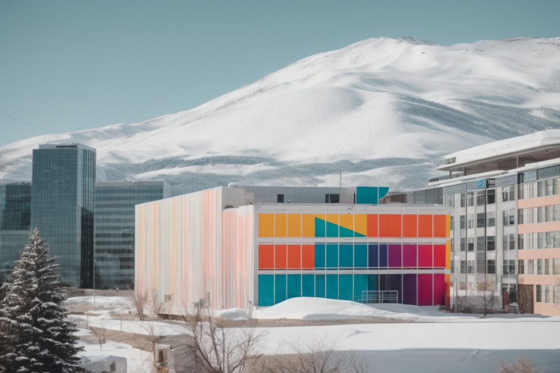 Denver building wrapped in colorful vinyl against snowy backdrop