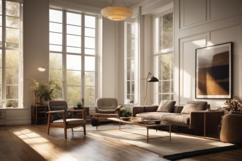 sunlit living room with opaque windows and comfortable furniture