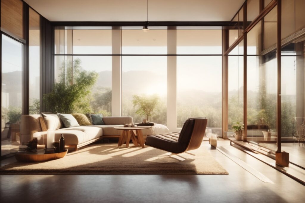 Living room with sunlight filtering through glare window film