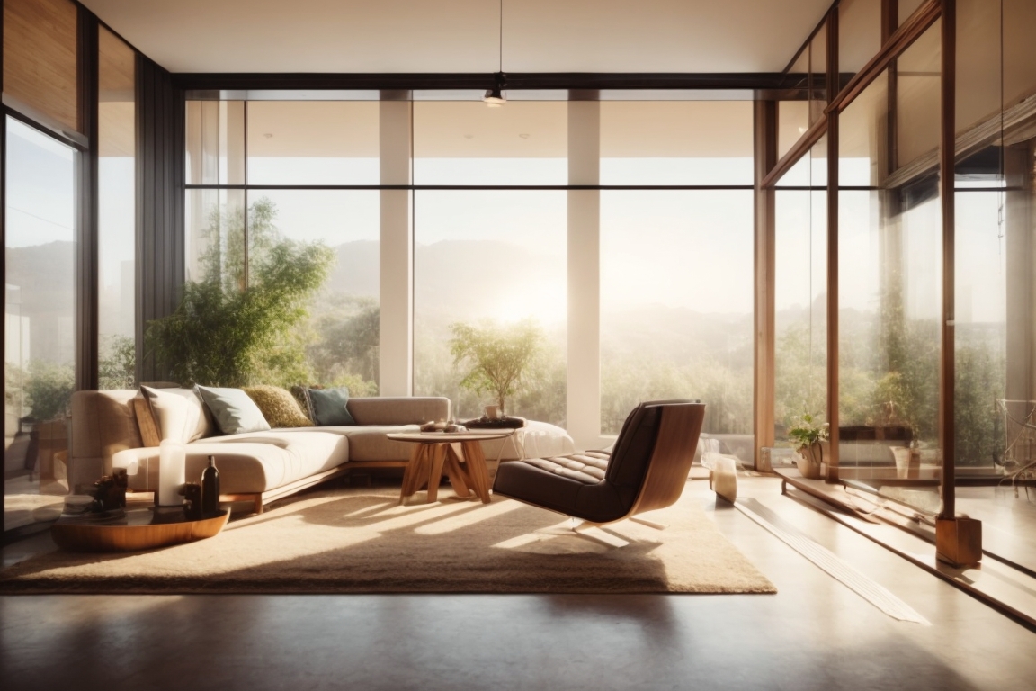 Living room with sunlight filtering through glare window film