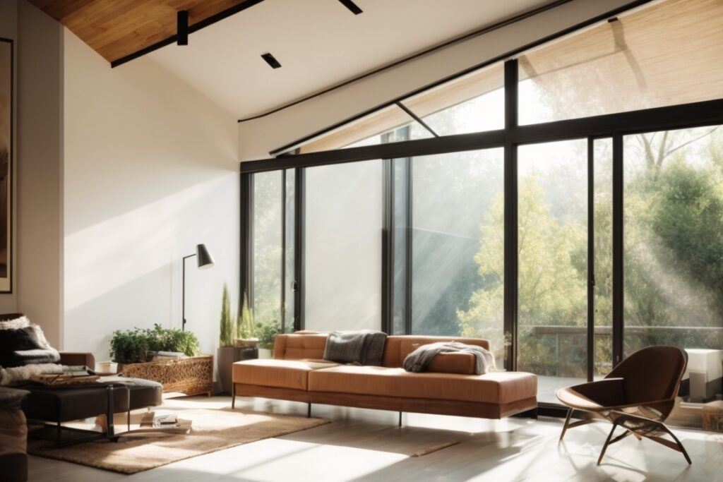 Interior home scene with visible sunlight filtration through sun control window film, comfortable living space, energy efficient