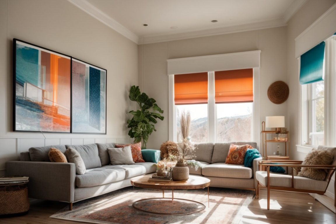 Cozy Denver home interior with UV protection window film, faded furniture and vibrant artworks