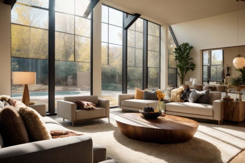 Denver home interior with sunlight filtering through glare reduction window film on windows, comfortable living area protected from sun's intensity