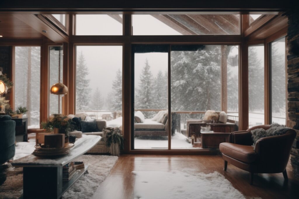 Denver home with insulating window film, cozy interior during snowfall