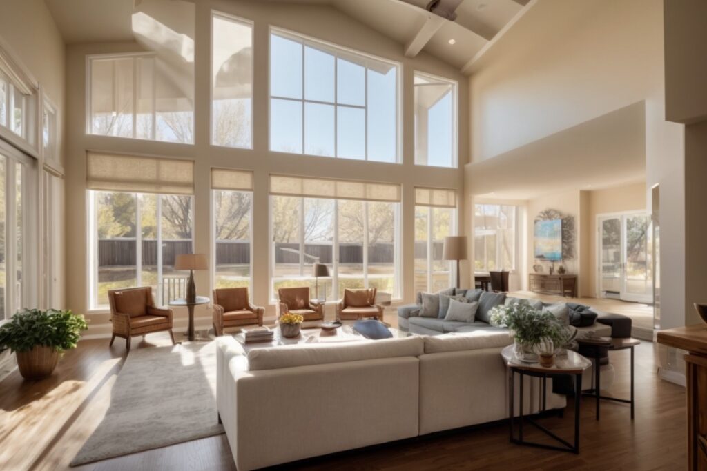 Interior of a sunny Denver home with UV protective decorative window films