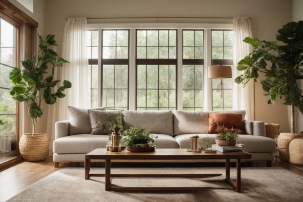 Comfortable living room with energy-efficient window film, natural light filtering through, no glare