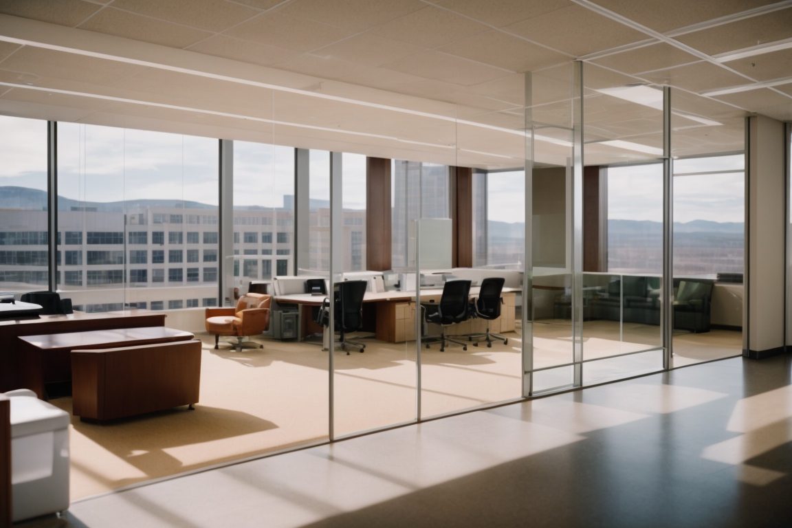Denver office interior with opaque frosted glass windows