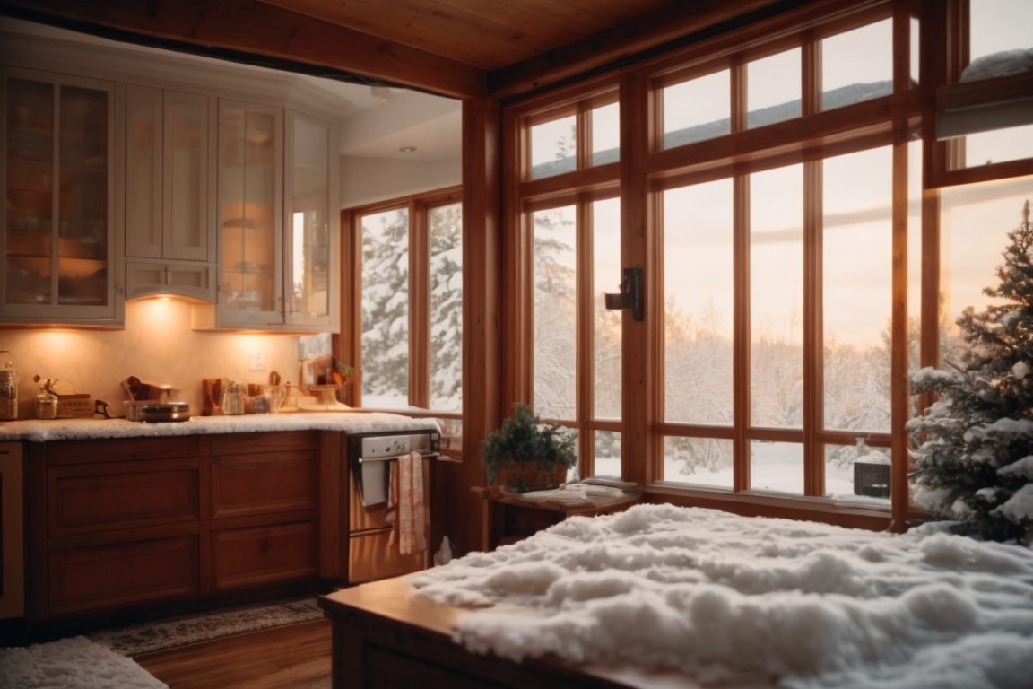 Cozy Denver home interior with insulating window film, warm lighting, and snow outside