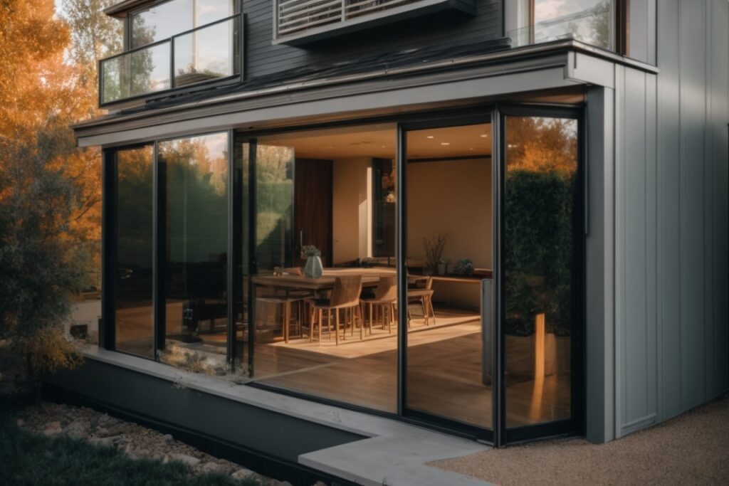 Urban glass-front home in Denver with reflective privacy window film and visible heat reflections