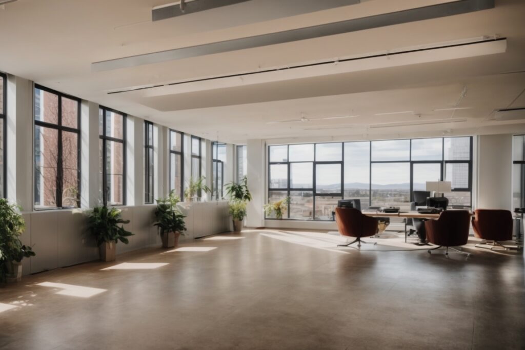 Denver office with sunlight filtering through filmed windows, moderate interior lighting