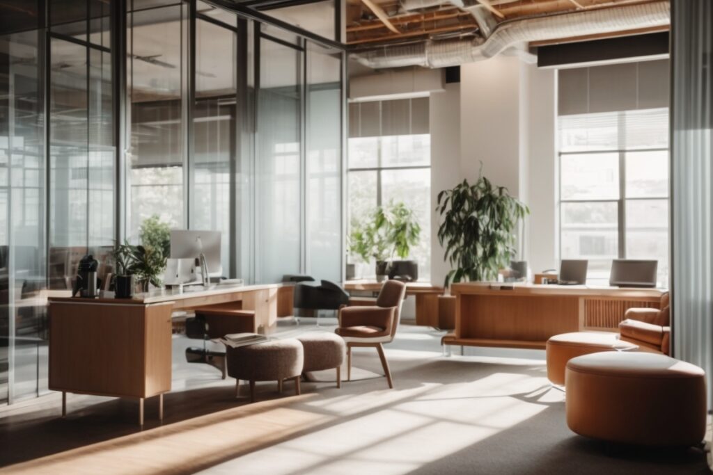 Interior office space with decorative, frosted window films, stylish furniture, and minimal sunlight filtering through