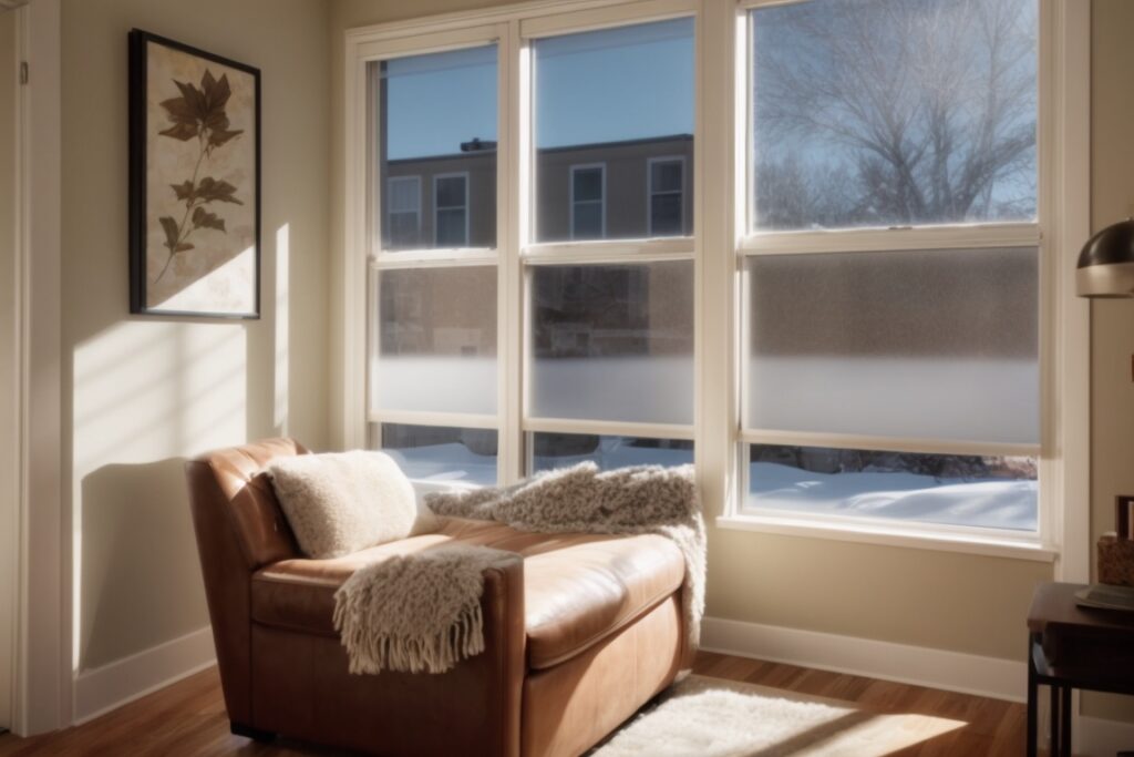 Denver home with opaque frosted window film and soft interior lighting