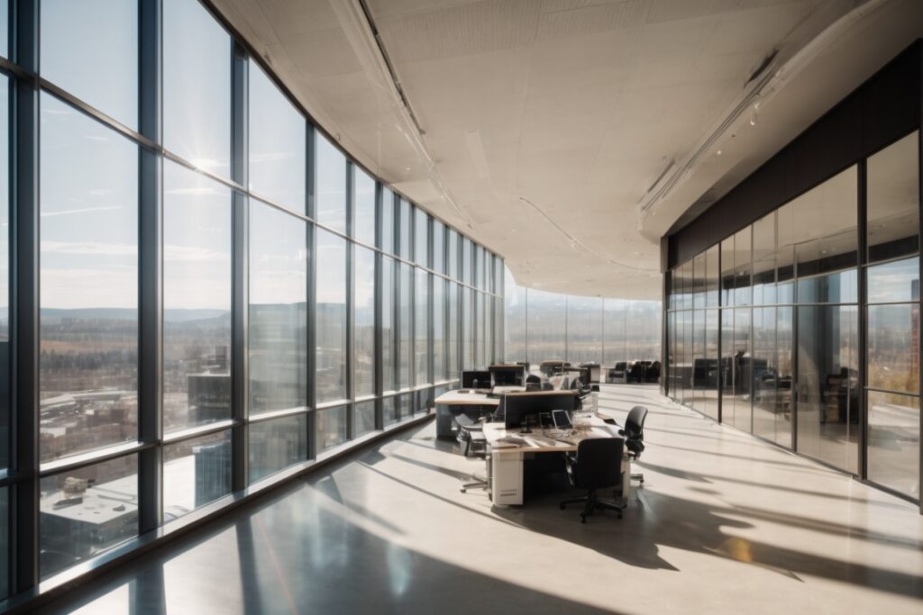 Modern office in Denver with extensive glass facades and sunlight streaming in