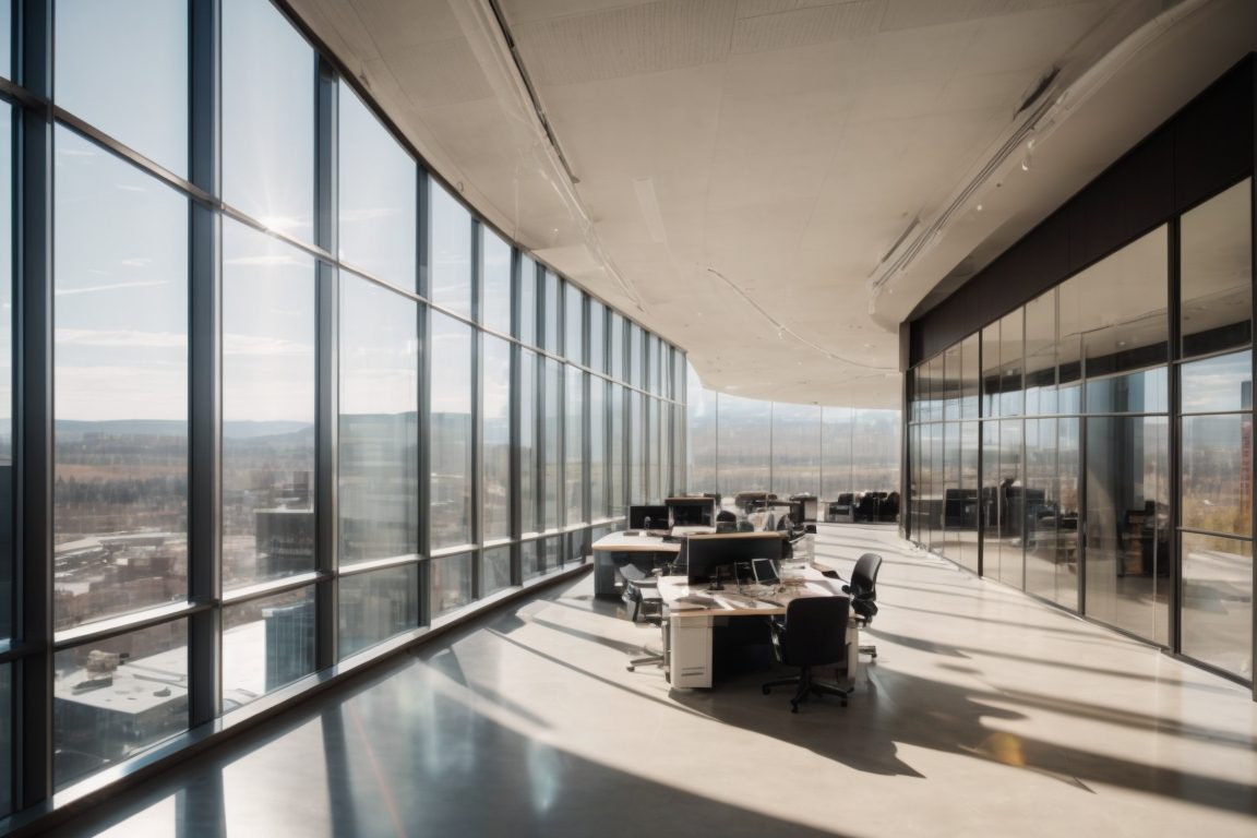 Modern office in Denver with extensive glass facades and sunlight streaming in