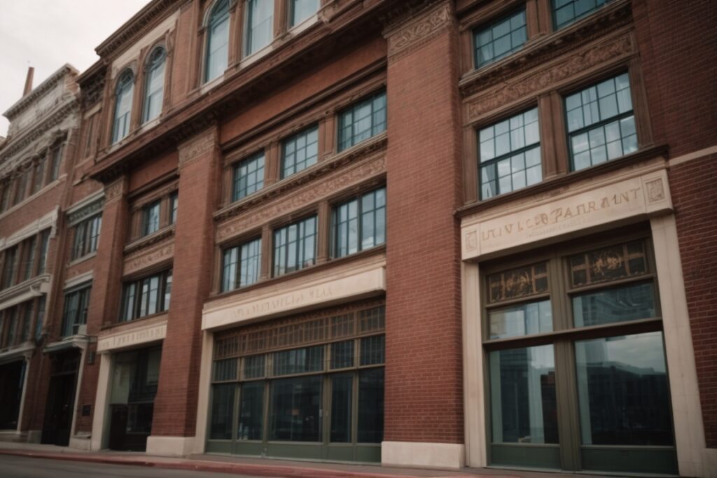 historic Denver building with decorative window film and preserved frames