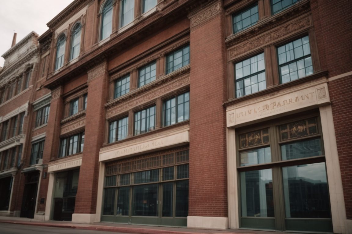 historic Denver building with decorative window film and preserved frames