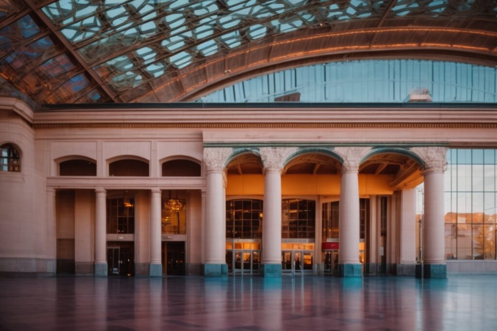 Denver public buildings with colorful decorative film, vibrant sunset hues